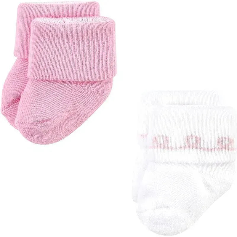 Ballerina-themed newborn socks for baby girls, pink and white with a fold-over design, suitable for ages 6-12 months.
