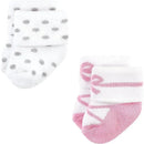Ballerina-themed newborn socks for baby girls in pink and white, featuring polka dots and ballet motifs. 8-pack for ages 6-12 months.