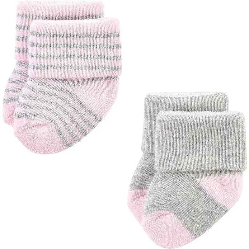 Ballet-themed newborn socks for baby girls, featuring pink and gray colors with striped details, suitable for ages 6-12 months.