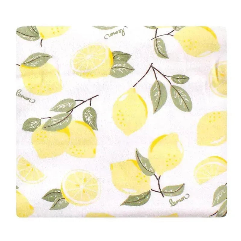 Cotton flannel receiving blanket featuring a lemon pattern with green leaves on a white background.
