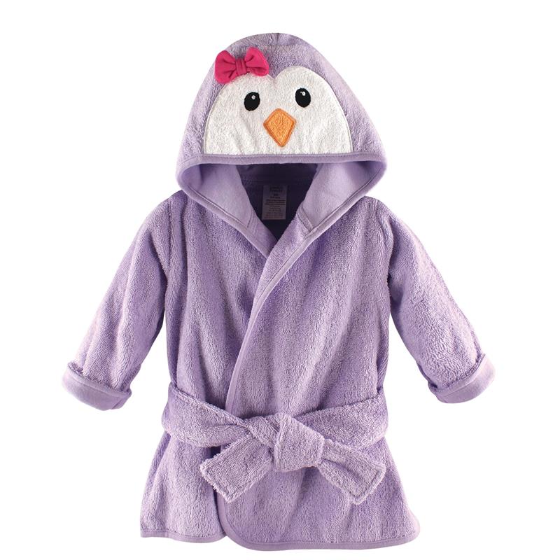 Luvable Friends unisex baby cotton bathrobe in lavender with a penguin face design and a pink bow on the hood.