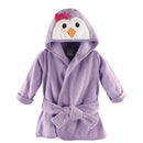 Luvable Friends unisex baby cotton bathrobe in lavender with a penguin face design and a pink bow on the hood.