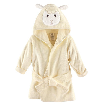 Luvable Friends unisex baby bathrobe in yellow with lamb face hood and plush tie at the waist. One size.