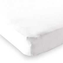 Fitted playard sheet in white, designed for babies, featuring a smooth, soft surface and snug fit.