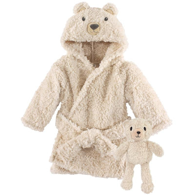 Plush beige baby robe with bear ear hood and a matching toy bear, designed for warmth and comfort.