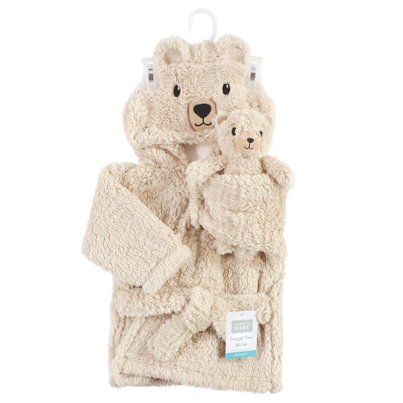 Plush beige baby robe with bear ears and matching cozy bear toy, perfect for keeping little ones warm and cozy.