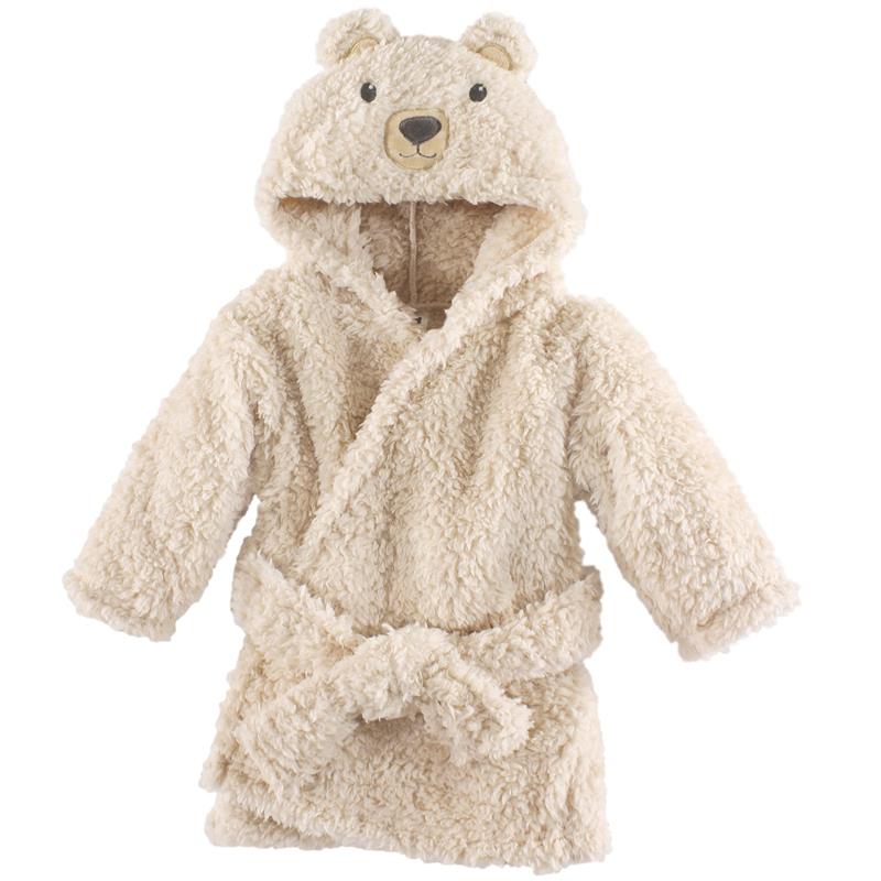 Plush cream-colored robe with a bear face hood and belt, designed for babies, offers warmth and comfort.