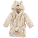 Plush cream-colored robe with a bear face hood and belt, designed for babies, offers warmth and comfort.
