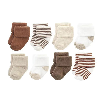 Set of eight neutral brown baby socks featuring solid colors and stripes, with fold-over cuffs in various shades.