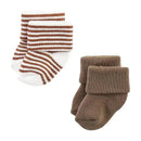 Baby Vision Terry Socks 8Pk in neutral brown, featuring two pairs: one striped brown and white, and one solid brown.