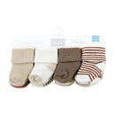 Eight pairs of neutral brown baby socks, featuring various patterns including solid colors and stripes, packaged for ages 0-6 months.