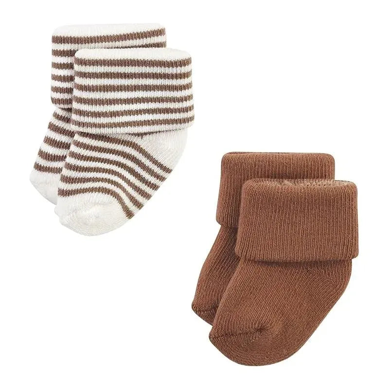 Neutral brown baby socks in an 8-pack, featuring two pairs: one with white and brown stripes, and one solid brown.