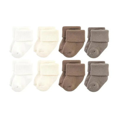 Baby Vision Terry Socks 8Pk featuring four pairs each of white, beige, and brown socks with a fold-over cuff design.