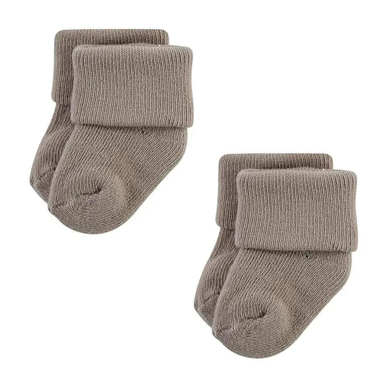 Set of two pairs of solid beige and brown baby socks with roll-top cuffs, designed for infants.