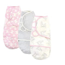 Organic cotton swaddle wraps for babies, featuring pink floral, gray striped, and white bird designs. Suitable for 0-3 months.