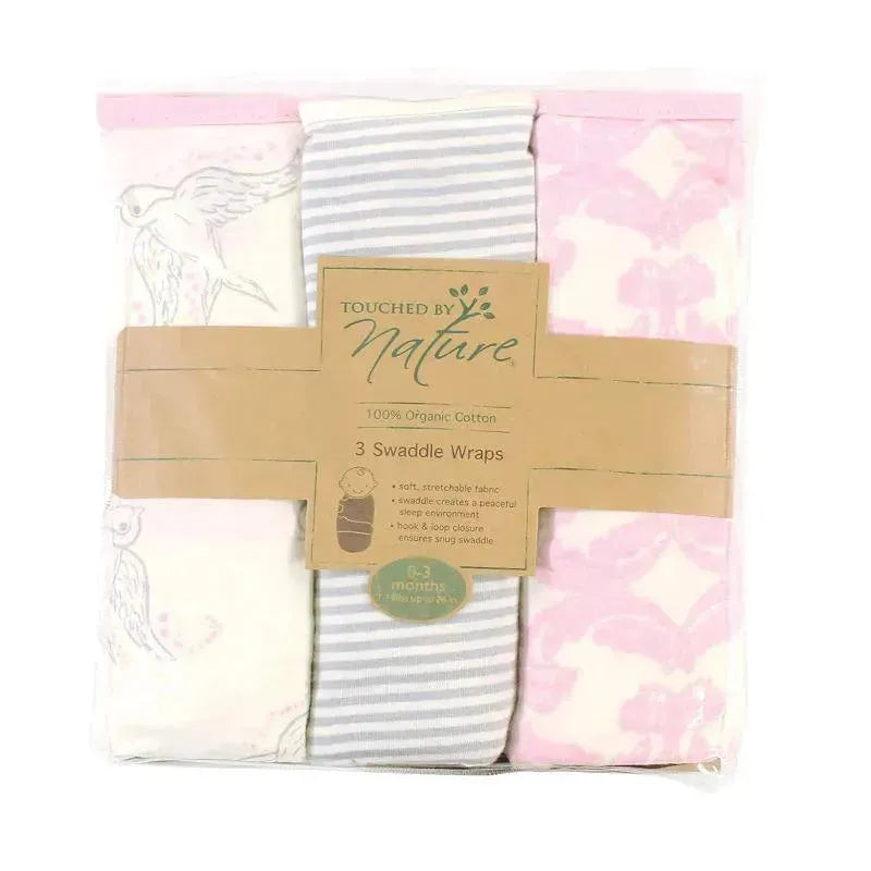 Organic cotton swaddle wraps in a pack of three, featuring bird, striped, and floral patterns, suitable for babies 0-3 months.