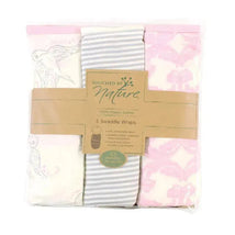 Organic cotton swaddle wraps in a pack of three, featuring bird, striped, and floral patterns, suitable for babies 0-3 months.