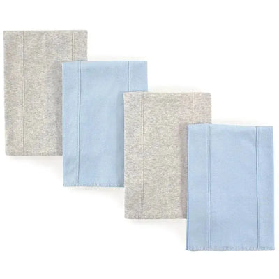 Four organic cotton burp cloths in blue and gray, featuring soft, absorbent material for babies.