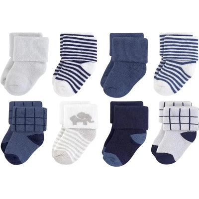 Set of eight unisex baby socks in blue and gray tones, featuring a blue elephant design and various patterns.