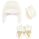 Trapper hat, mittens, and booties set for babies, featuring a giraffe design in soft, cream-colored fleece.