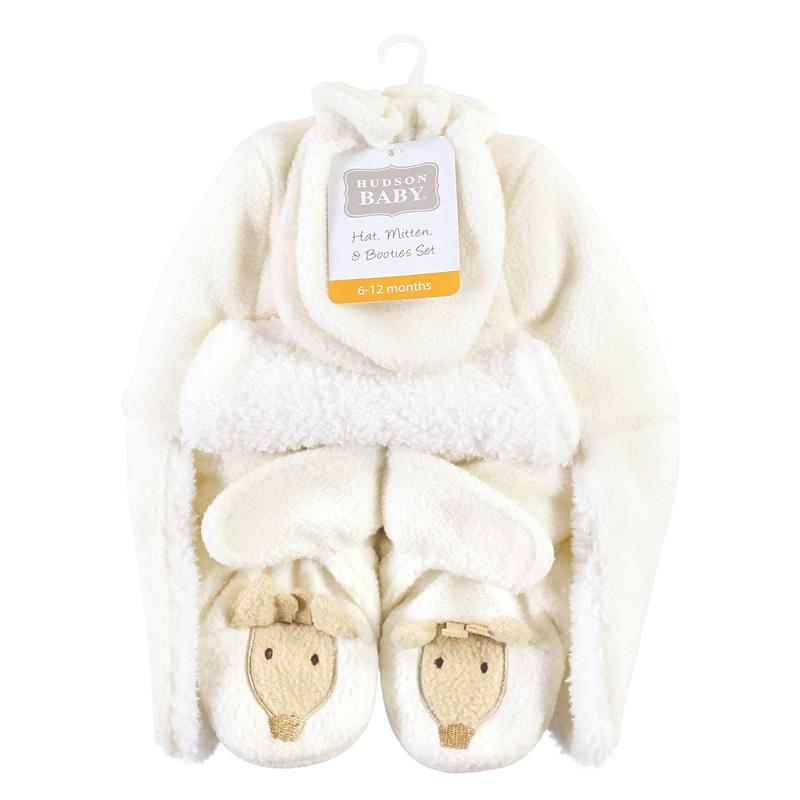 Baby Vision trapper hat, mittens, and booties set in cream, featuring giraffe designs, suitable for infants 6-12 months.