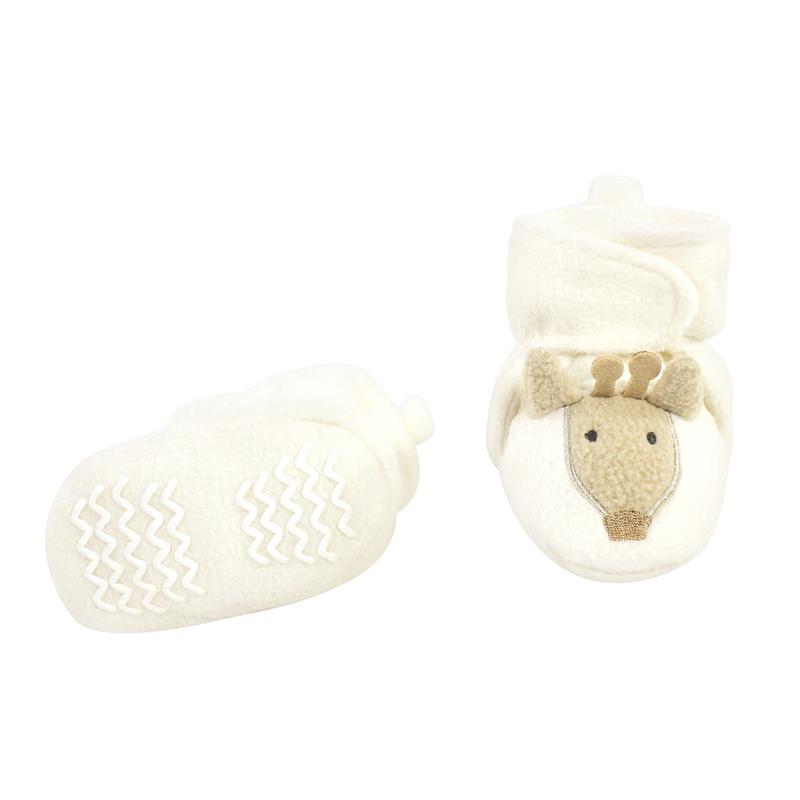 Baby Vision giraffe-themed booties featuring a soft cream color, snug design, and a decorative giraffe face.
