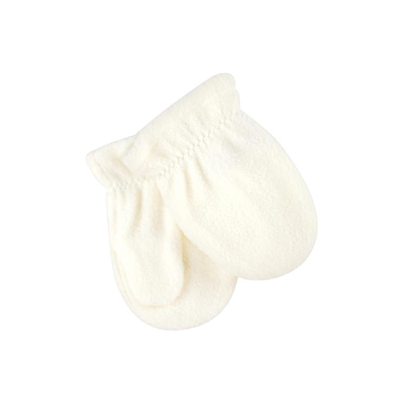 White fleece mittens with gathered wrists, part of the Baby Vision Trapper Hat, Mitten, and Bootie Set featuring a giraffe theme.