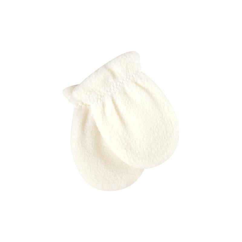 White fleece mittens from the Baby Vision Giraffe set, designed for infants to keep hands warm.