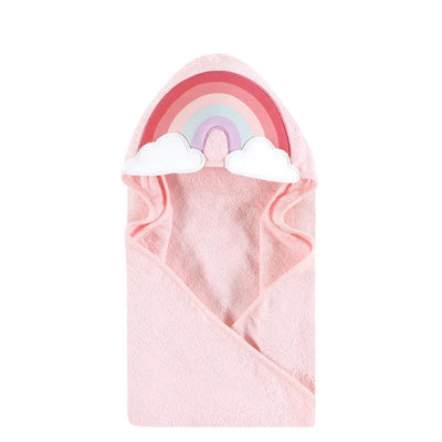 Hooded baby towel in pink with a rainbow design and cloud accents on the hood, suitable for infants.