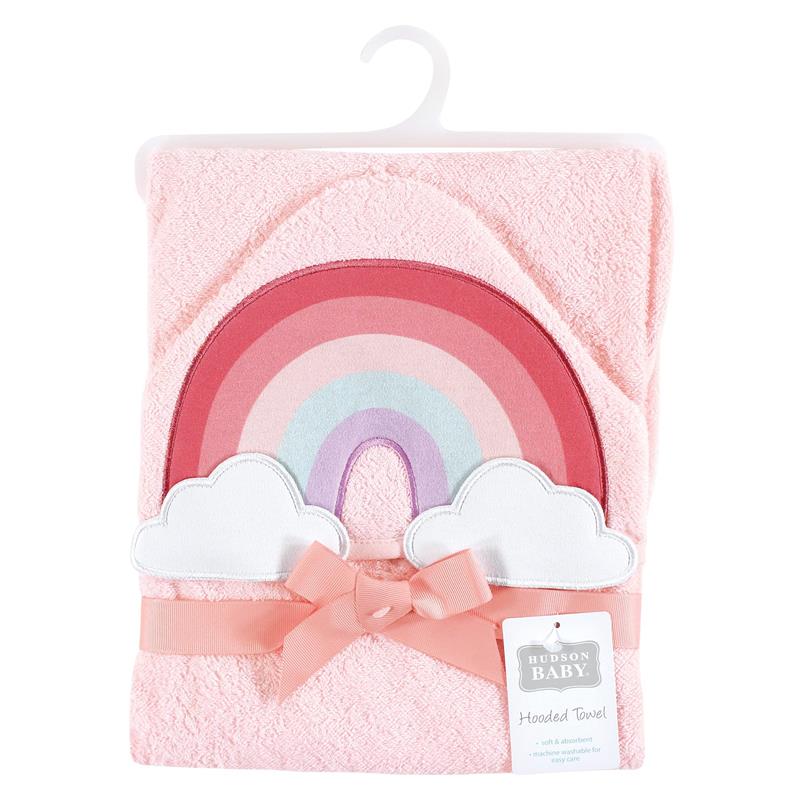 Hooded towel featuring a pink background, rainbow design, white clouds, and a ribbon; suitable for babies.