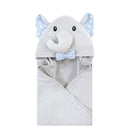 Hooded towel designed for babies featuring a gray elephant with a bow tie and blue polka dot ears.