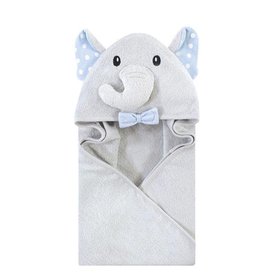 Hooded towel designed for babies featuring a gray elephant with a bow tie and blue polka dot ears.