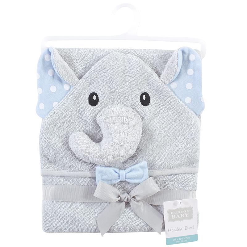 Hooded towel featuring a gray elephant design with blue ears and polka dots, includes a blue bow and tag.