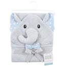 Hooded towel featuring a gray elephant design with blue ears and polka dots, includes a blue bow and tag.