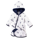 Unisex cotton-rich baby bathrobe with a sailboat print, featuring a hood and a tie belt.