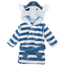 Unisex baby bathrobe featuring a pirate elephant design with a hood, navy and white striped pattern, and a tie belt.