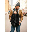 Black Babybjorn baby carrier cover with a baby inside, being held by a smiling man in a street setting.