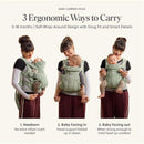 Babybjorn Baby Carrier Hold Mesh in cream color with a mother demonstrating three carrying positions for infants aged 0-18 months.