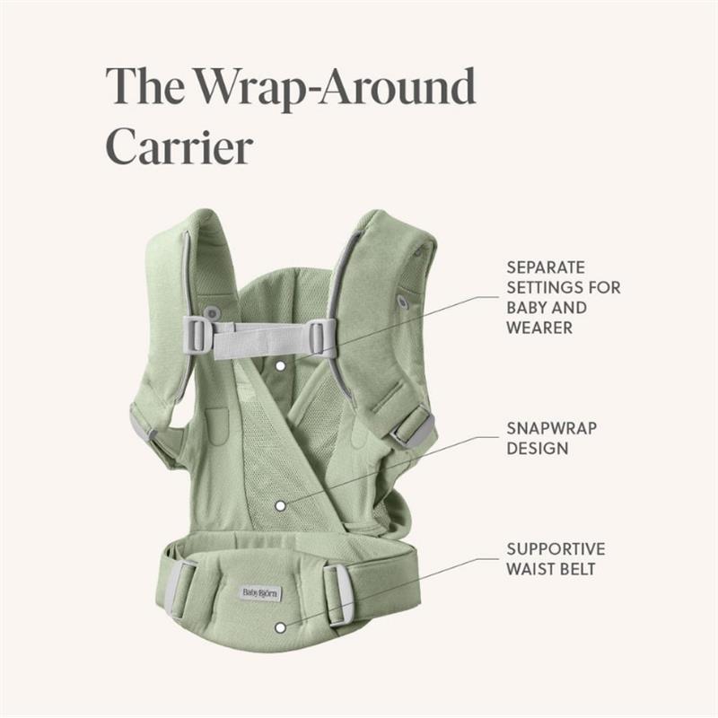 Light green Babybjorn Baby Carrier featuring separate settings for baby and wearer, snapwrap design, and supportive waist belt.