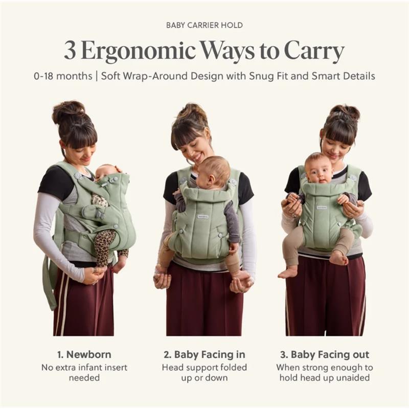 Light green Babybjorn Baby Carrier Hold displayed by a woman with a baby, showcasing three ergonomic carrying positions.