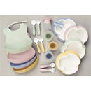 BabyBjorn 5-piece baby dinner set in powder blue, featuring colorful plates, bowls, spoons, forks, and a bib.
