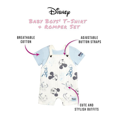 Baby fair 2Pk Disney boy overall and shirt set featuring breathable cotton, adjustable straps, and Mickey Mouse design.