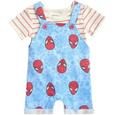 Blue and red Spider-Man overall with a striped shirt underneath, featuring Spider-Man faces and web patterns.