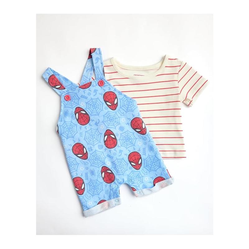 Blue Spider-Man overall with red accents and a cream striped shirt, designed for boys, featuring playful superhero graphics.
