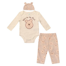Babyfair 3Pk Disney boy bodysuit, pants, and hat set featuring Winnie the Pooh design in soft beige and light brown.
