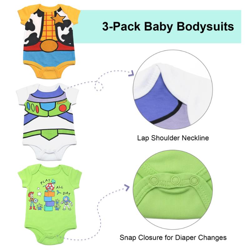 Three Disney-inspired baby bodysuits featuring Toy Story characters, with details on neckline and snap closures.