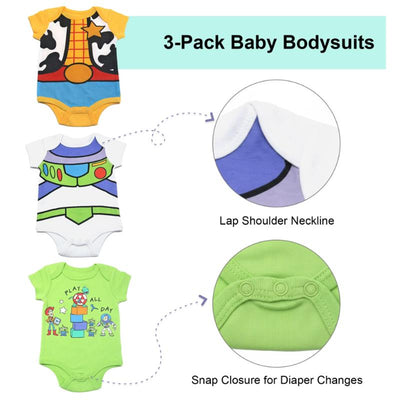Three Disney-inspired baby bodysuits featuring Toy Story characters, with details on neckline and snap closures.