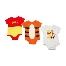 Three Disney-themed baby bodysuits featuring Winnie the Pooh and Tigger. Colors include red, orange, and white with playful designs.