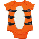 Orange baby bodysuit with black claw marks and a white center, designed for boys and themed around Winnie the Pooh.