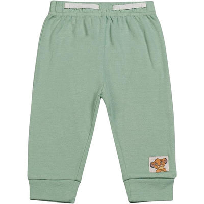 Light green pants for boys featuring a Lion King character patch, part of the Babyfair Disney set with bodysuit and hat.